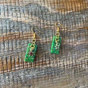Handmade Green Resin Star Dangle Earrings | Gold Hypoallergenic